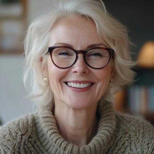 A mature woman with short gray hair and glasses, exuding a sense of wisdom and tranquility, poses for a portrait in a warmly lit room.