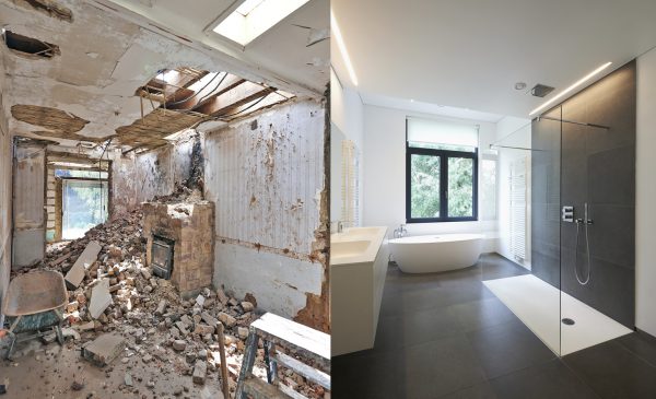 Renovation of a bathroom Before and after in horizontal format